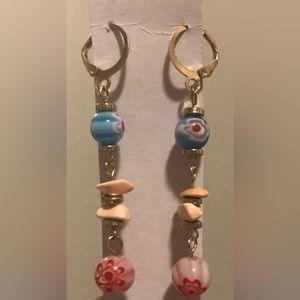 Long Dangle Earrings with Floral & Rock Beads - New